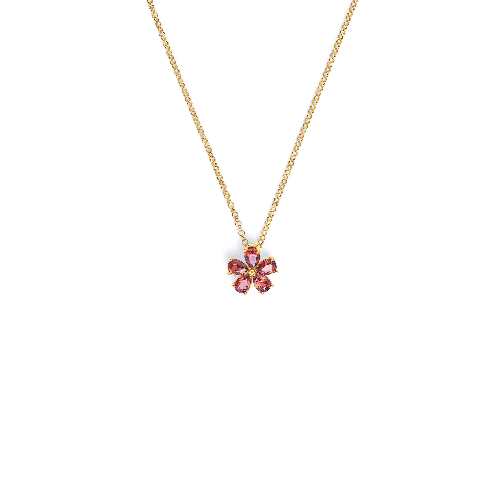 Anhänger "Blume" mit Kette in Silber vergoldet und Granat